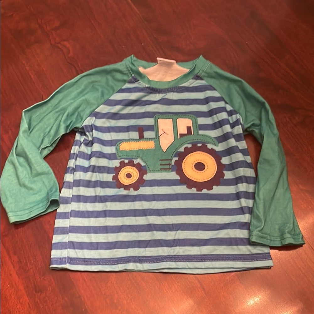 Kids Tractor Print Striped Shirt - Blue and Green